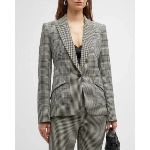 L'AGENCE Chamberlain Grey Plaid Houndstooth Single Breasted Blazer Jacket - Picture 6 of 15
